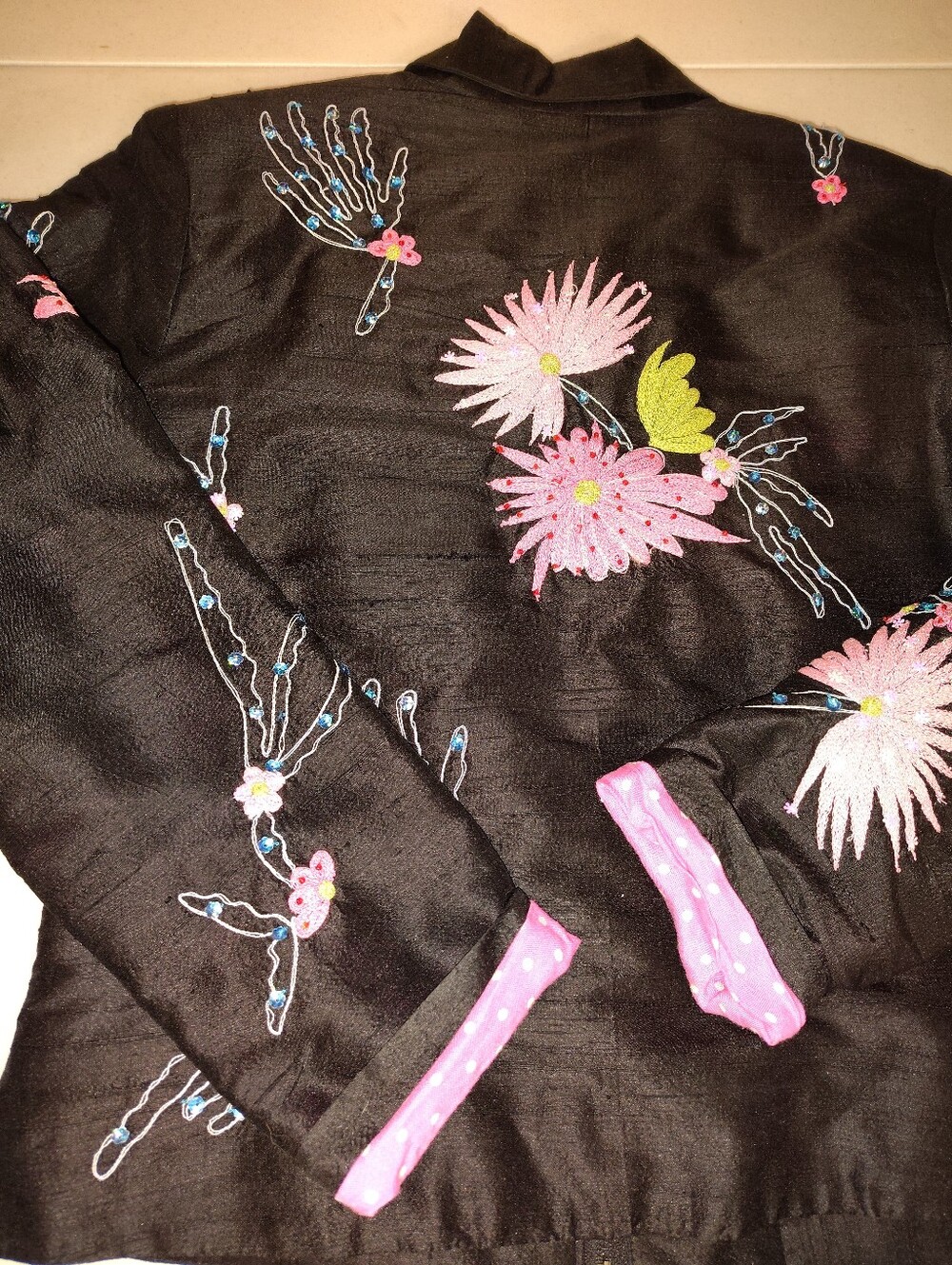 ANAGE 100% Silk Embroidered Floral Zip Jacket - Small - Black/Pink Boho Luxe - Picture 5 of 13